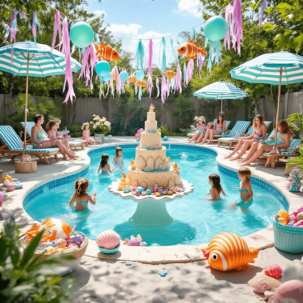 A whimsical mermaid-themed children's pool party featuring a kidney-shaped pool decorated with iridescent streamers and fish-shaped balloons, children in colorful mermaid tails and pirate costumes splashing in the shallow end, a grand sandcastle cake on a shell-shaped stand, a treasure chest overflowing with toys, and parents relaxing under striped beach umbrellas, all set in a dreamy sea-inspired backdrop.