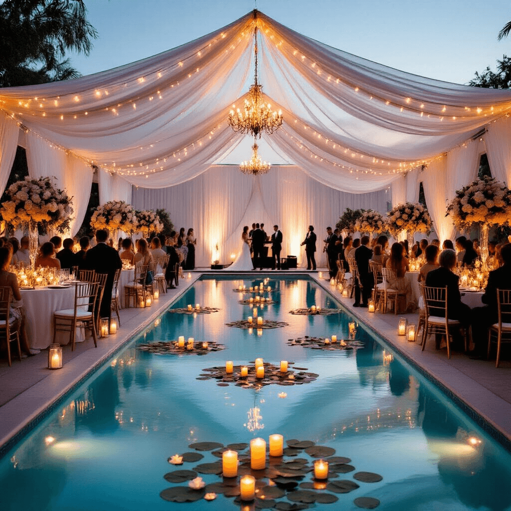 An elegant poolside wedding reception at twilight, featuring floating candles and lily pads in a long rectangular pool, adorned with white drapery and fairy lights. Round tables with blush and cream floral centerpieces surround the pool, while guests in formal attire mingle by the shimmering water, illuminated by warm lighting as a live band plays on a dance floor in the background.