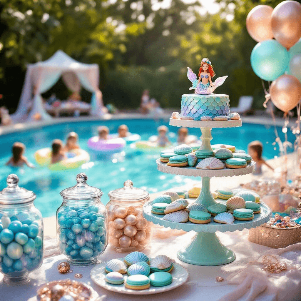A whimsical mermaid-themed pool party featuring an elaborate dessert table with iridescent 'scale' cookies and seashell macarons, jars of blue and green candies, children splashing in the pool with colorful mermaid tail floats, draped shimmering fabric, scattered rose gold balloons, pearlescent streamers, a glittery face-painting station, and a treasure chest overflowing with costume jewelry and plastic gems.
