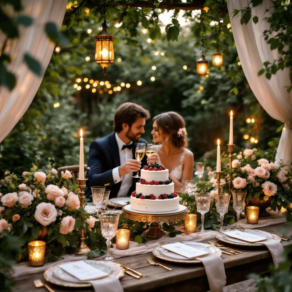 A romantic candlelit anniversary dinner set in a backyard garden, featuring a rustic wooden table adorned with blush roses, vintage china, and a tiered naked cake, surrounded by twinkling fairy lights and flickering candlelight during golden hour.