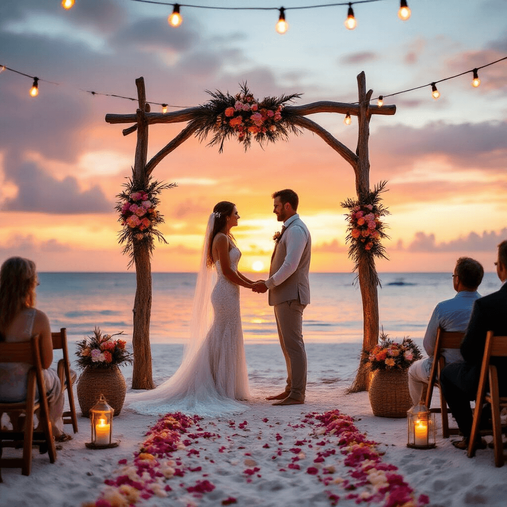A couple exchanges rings under a flower-adorned driftwood arch on a secluded tropical beach at sunset, surrounded by tiki torches and mismatched vintage chairs, with a vibrant sky and gentle waves in the background.