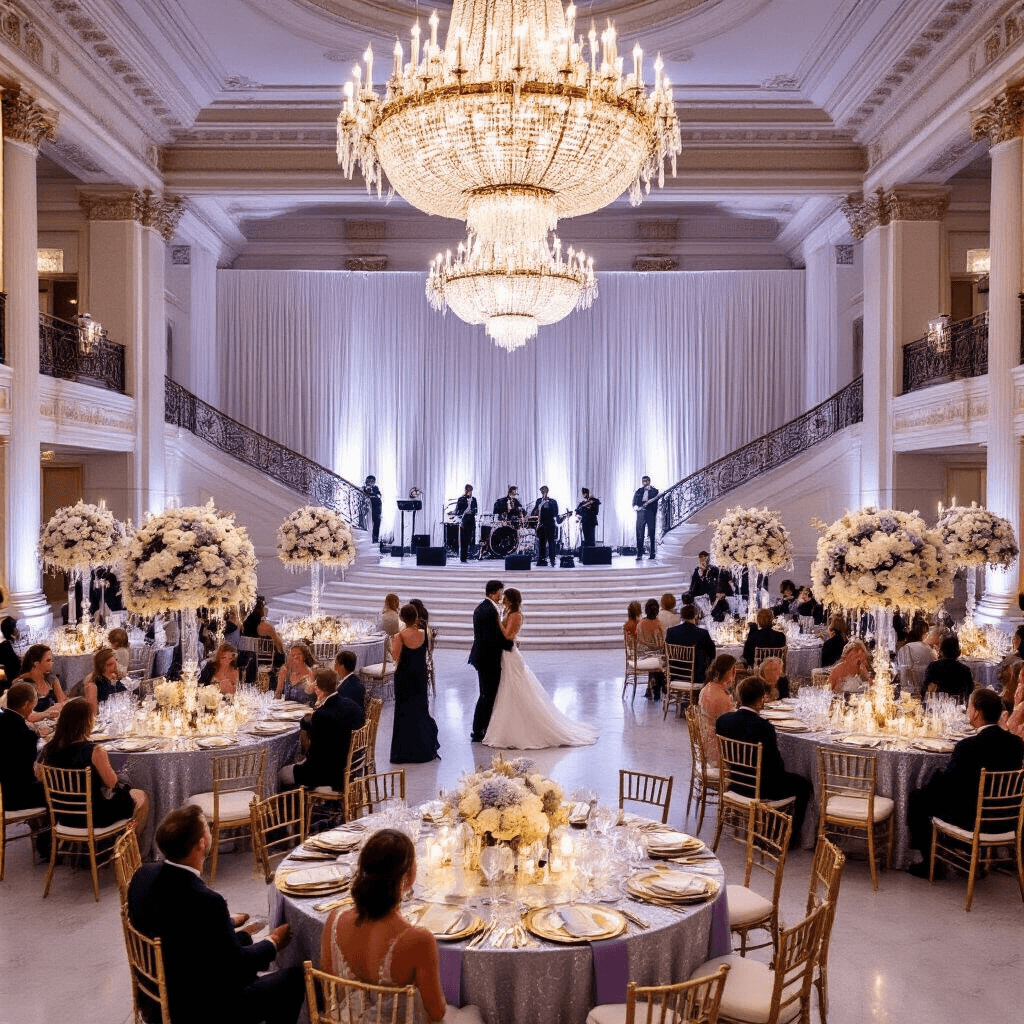 An opulent anniversary ball in a grand ballroom features crystal chandeliers, round tables with silver linens and floral centerpieces, a marble staircase for couple portraits, ornate place settings, a live band on stage, and elegantly dressed guests dancing on a polished floor, with champagne towers and a dessert display in the background.
