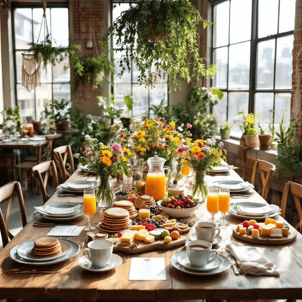 A beautifully arranged anniversary brunch in a sunlit urban loft, featuring a long farmhouse table with mismatched vintage china, fresh wildflowers, a mimosa bar, stacks of fluffy pancakes, a grazing board of cheeses and fruits, and steaming mugs of coffee, all captured in an overhead flat lay.