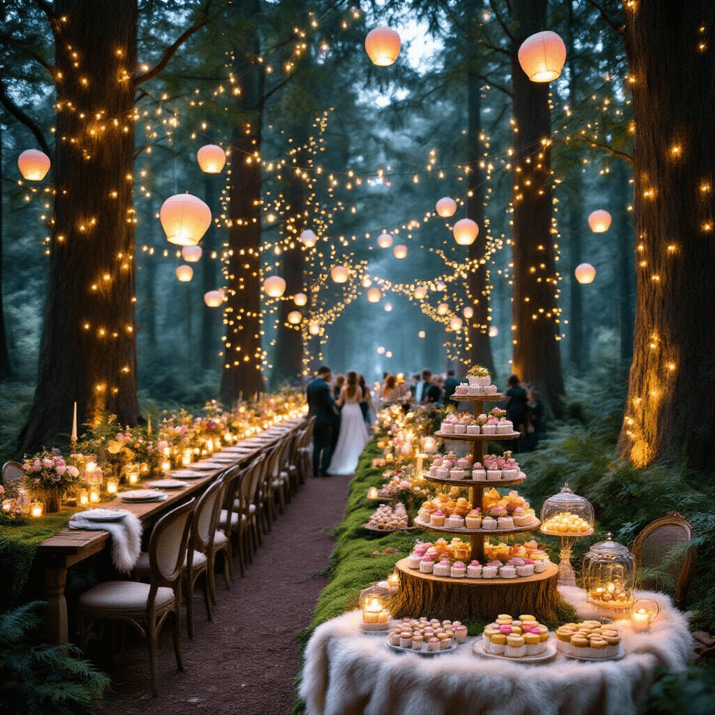 An enchanted forest-themed anniversary party at twilight with twinkling lights, moss centerpieces, mismatched vintage chairs, a whimsical dessert cart, guests mingling near a fairy light backdrop, and a harpist playing softly.