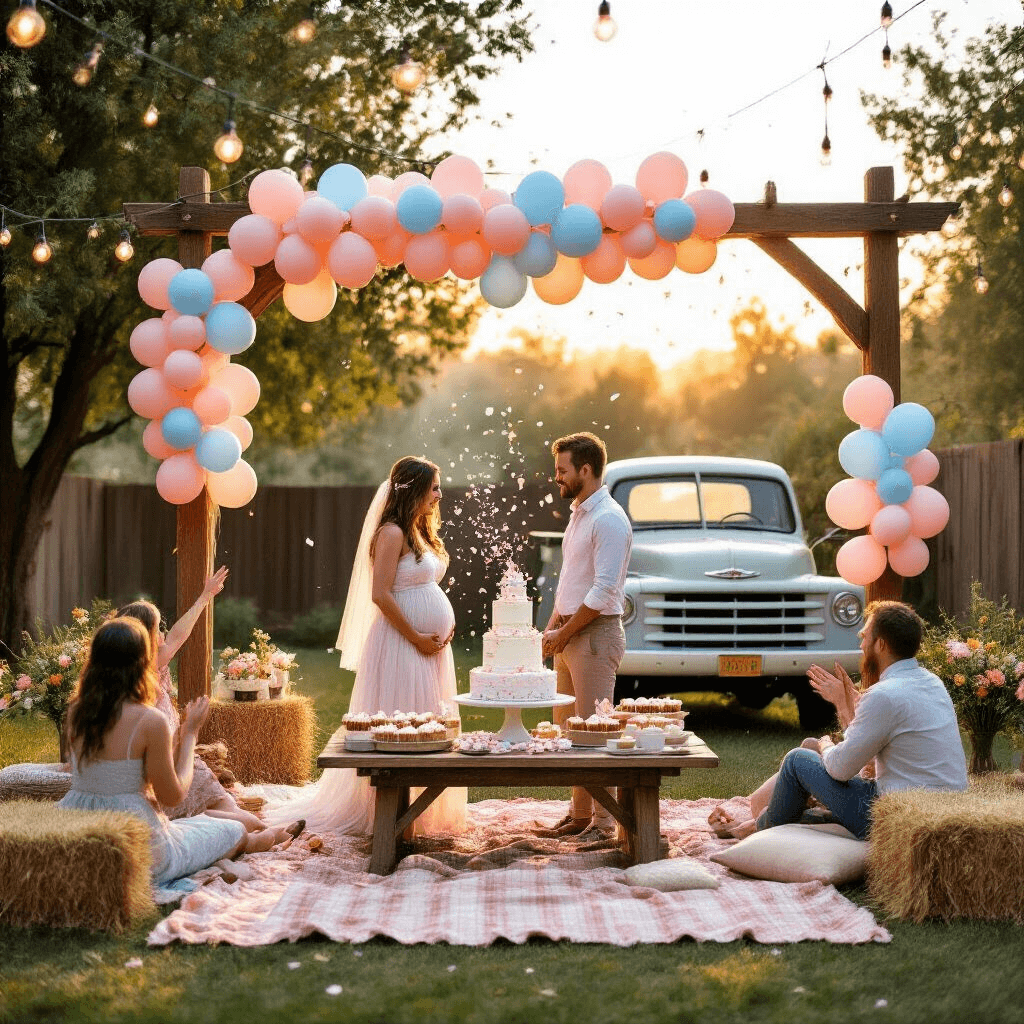 A sunny backyard gender reveal party at golden hour, featuring a rustic wooden arch with pink and blue balloons, guests on picnic blankets and hay bales, a vintage truck dessert station, and confetti cannons exploding in a burst of color.