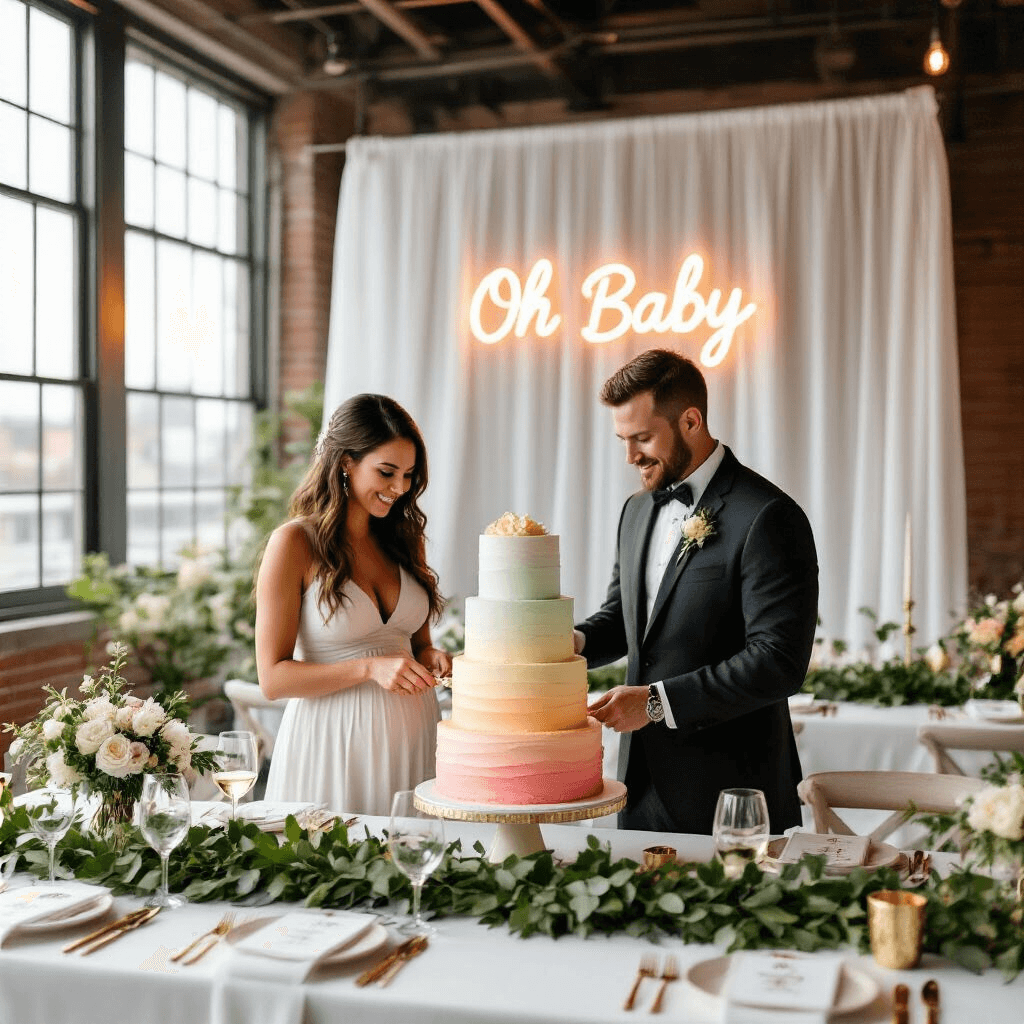 An elegant indoor gender reveal celebration with light-filled loft space featuring long tables with white linens, lush greenery, and gold accents. A backdrop of sheer curtains and a neon 'Oh Baby' sign enhances the atmosphere. Close-up of intricate place settings includes custom marble coasters, gold flatware, and hand-calligraphed name cards. The parents-to-be are captured in the moment of cutting into a towering ombré cake, revealing the surprise inside.