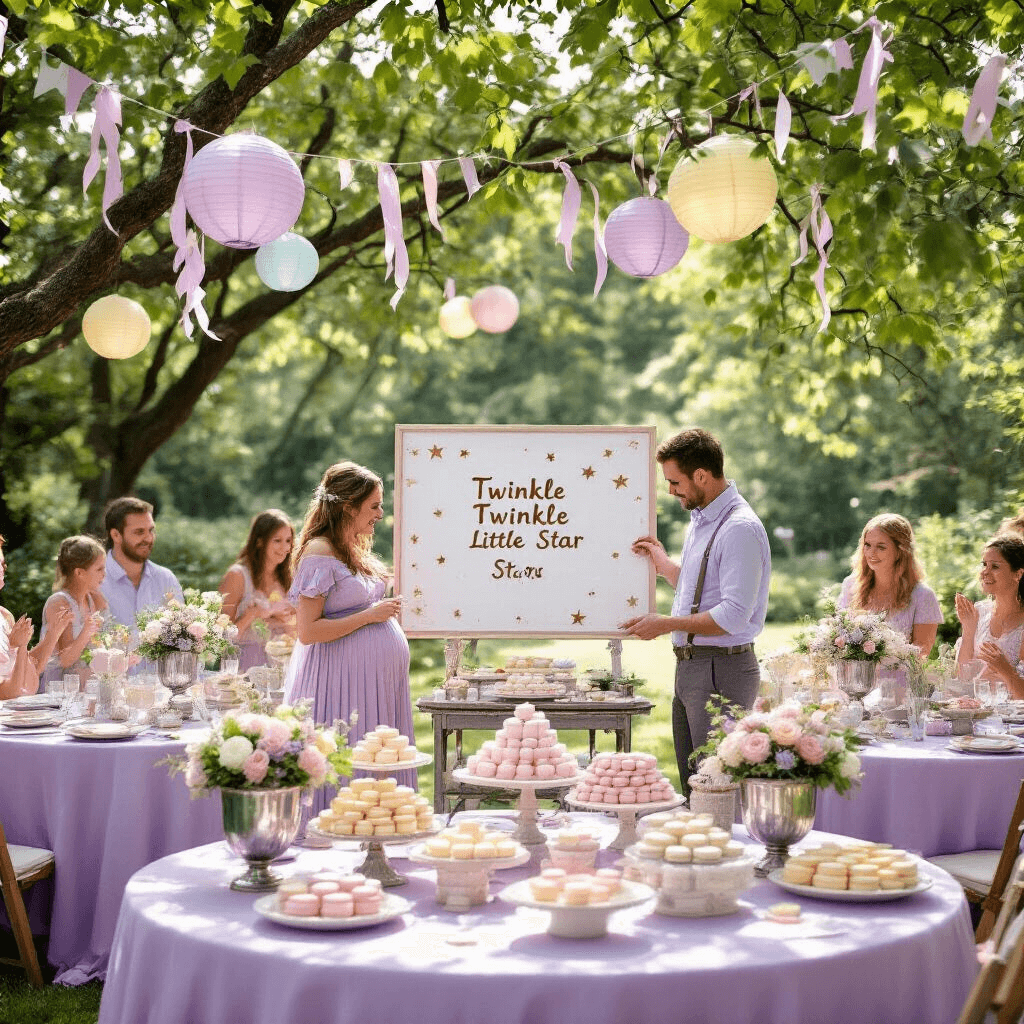 A whimsical garden party gender reveal with pastel decorations, featuring round tables draped in lavender linens, floral centerpieces in silver urns, and a dessert cart filled with macarons and petit fours. Guests gather around a 'Twinkle Twinkle Little Star' themed reveal board as the parents-to-be prepare to scratch off the winning prediction, under dappled sunlight filtered through trees, with delicate paper lanterns and ribbon streamers swaying in the breeze.