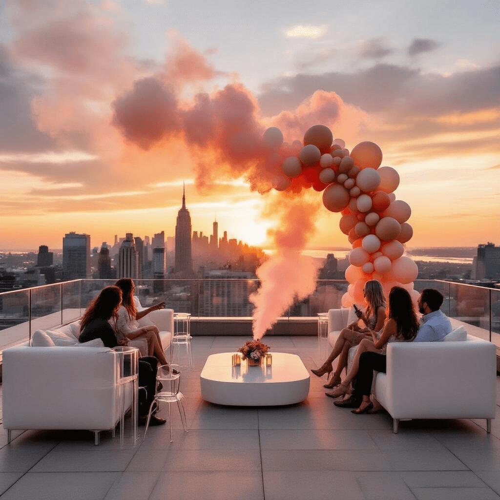 A modern rooftop gender reveal party at sunset, with a city skyline backdrop. Guests watch as a couple releases colorful smoke bombs, creating a dramatic scene amid sleek white furniture and a muted balloon installation in sand, terracotta, and sage green. The sky is filled with deep orange and pink hues, highlighting the excitement of the moment.