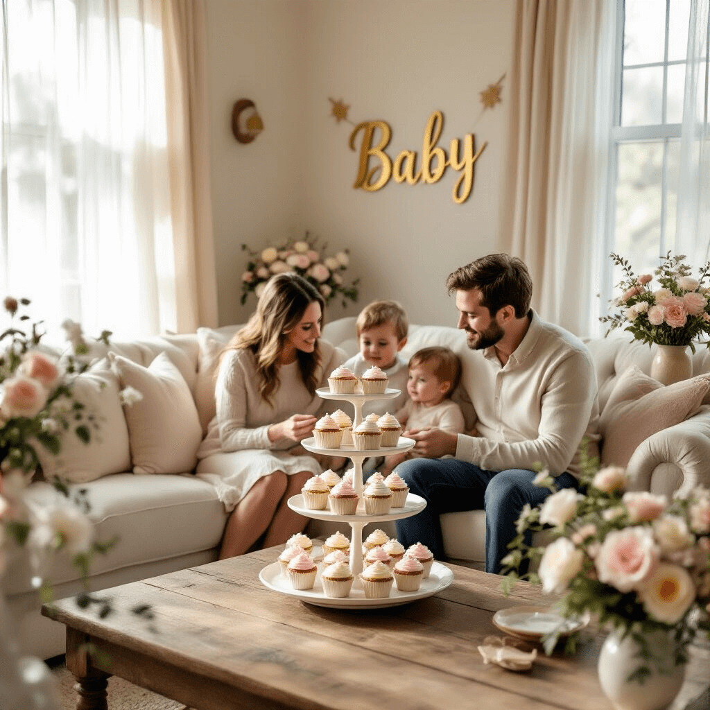 A cozy living room filled with soft afternoon light, featuring an expectant couple on a cream sofa surrounded by family, reaching for pastel frosted cupcakes on a tiered stand, with floral arrangements and a 'Baby' banner in gold behind them.