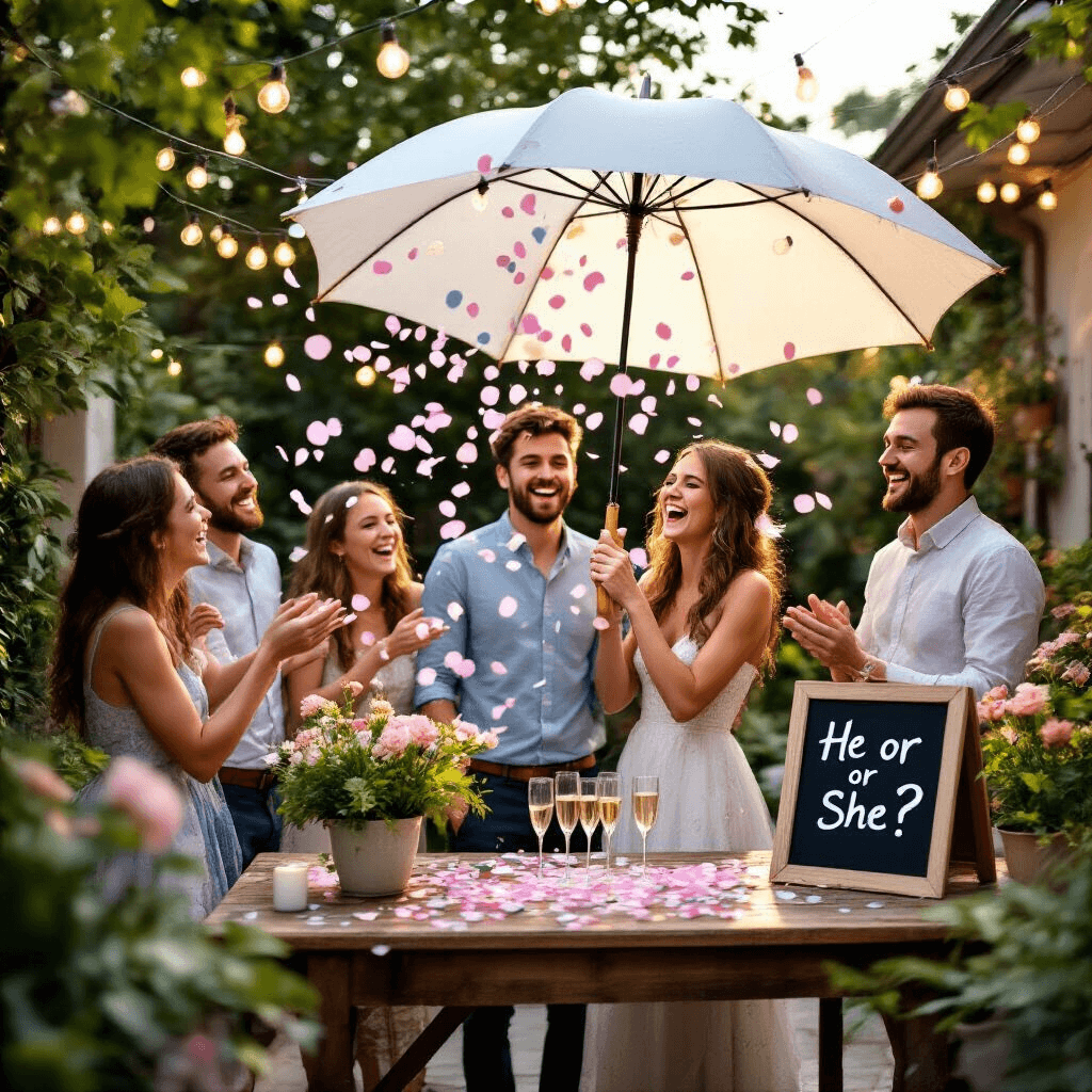 A joyful backyard patio scene at golden hour, featuring a young couple under a large white umbrella surrounded by friends, with soft pink and blue confetti raining down. Lush greenery and potted flowers enhance the ambiance, while a vintage wood table displays champagne flutes and a 'He or She?' chalkboard sign.