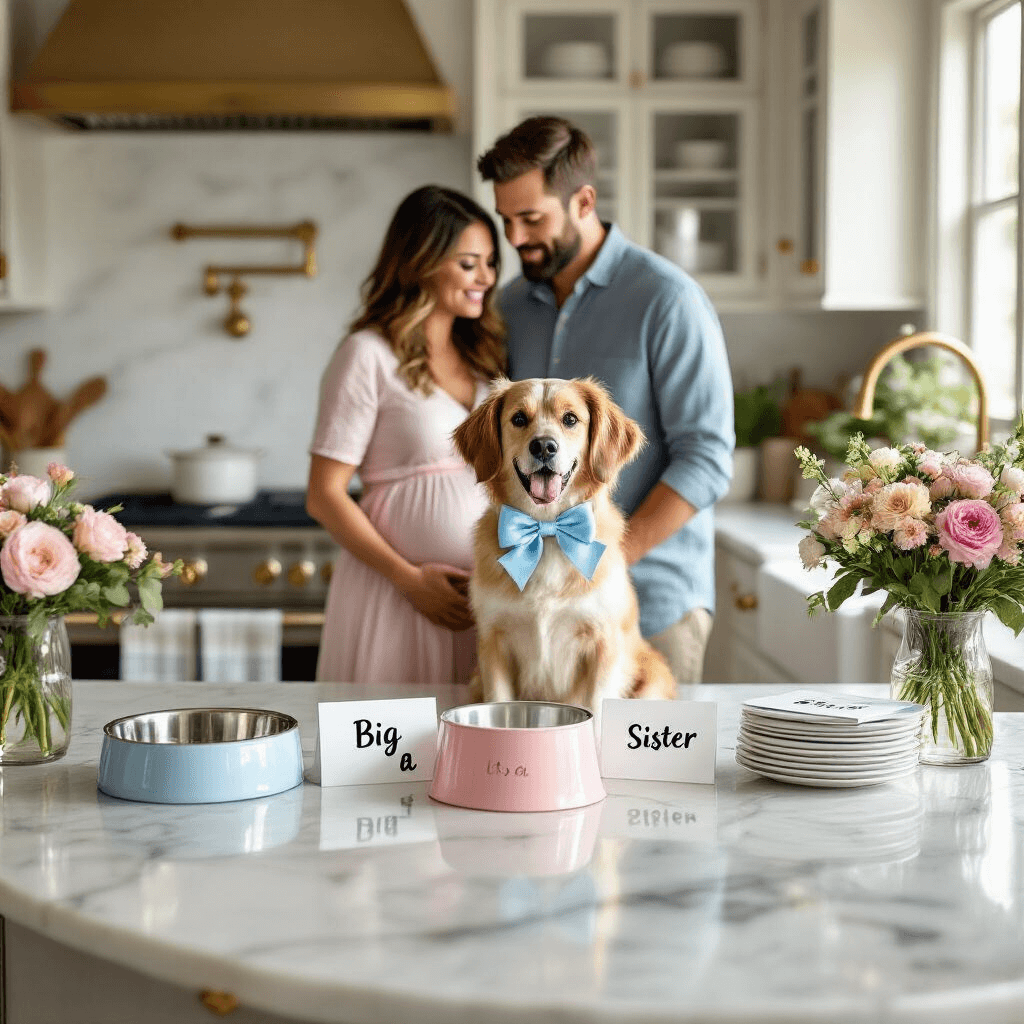 An expectant couple stands in a sunlit kitchen with marble countertops, their dog wearing a large bow between them. A 'Big Brother' dog bowl is on the counter alongside fresh flowers and 'It's a...' cards, capturing a moment of joyful anticipation.