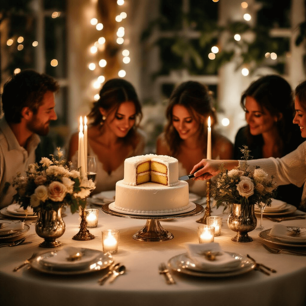 A warm and intimate dining nook featuring a family gathered around a round table with an elegantly frosted cake being cut, revealing a colorful interior, surrounded by vintage china, low floral arrangements, taper candles, and twinkling fairy lights.