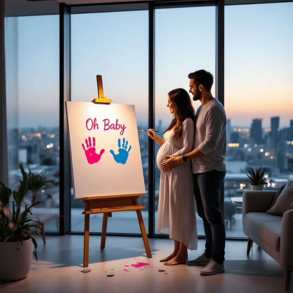 A modern, minimalist living space with floor-to-ceiling windows reveals a twilight cityscape. A couple stands before a blank canvas on an easel, holding paintbrushes and displaying handprints in pink or blue paint, signifying their baby's gender. The scene features splatters of color, sleek neutral furniture, air plants, and a neon 'Oh Baby' sign, capturing the emotional embrace of the parents-to-be.