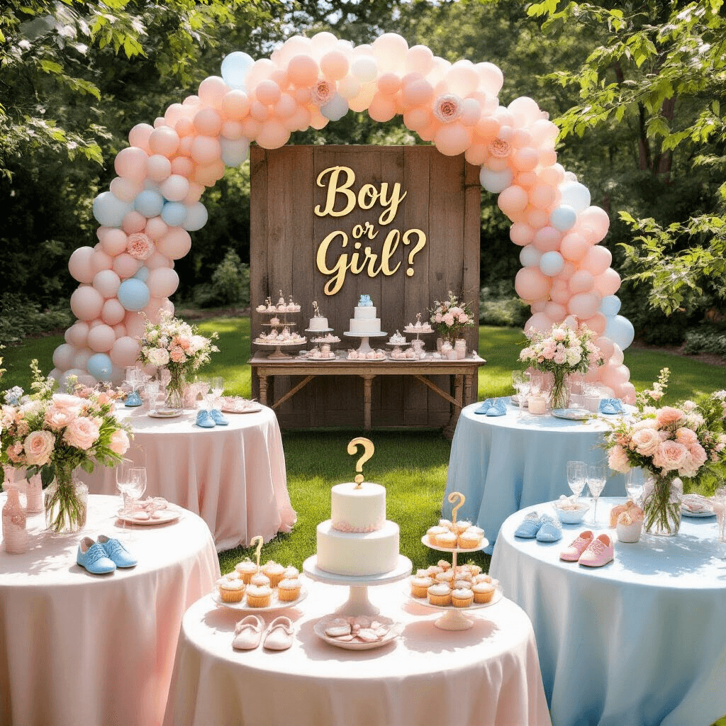 Aerial view of a whimsical gender reveal backyard with lush green grass, round tables draped in blush pink and powder blue linens, floral centerpieces, a grand balloon arch, and a dessert cart featuring cupcakes and a tiered cake with question mark toppers.