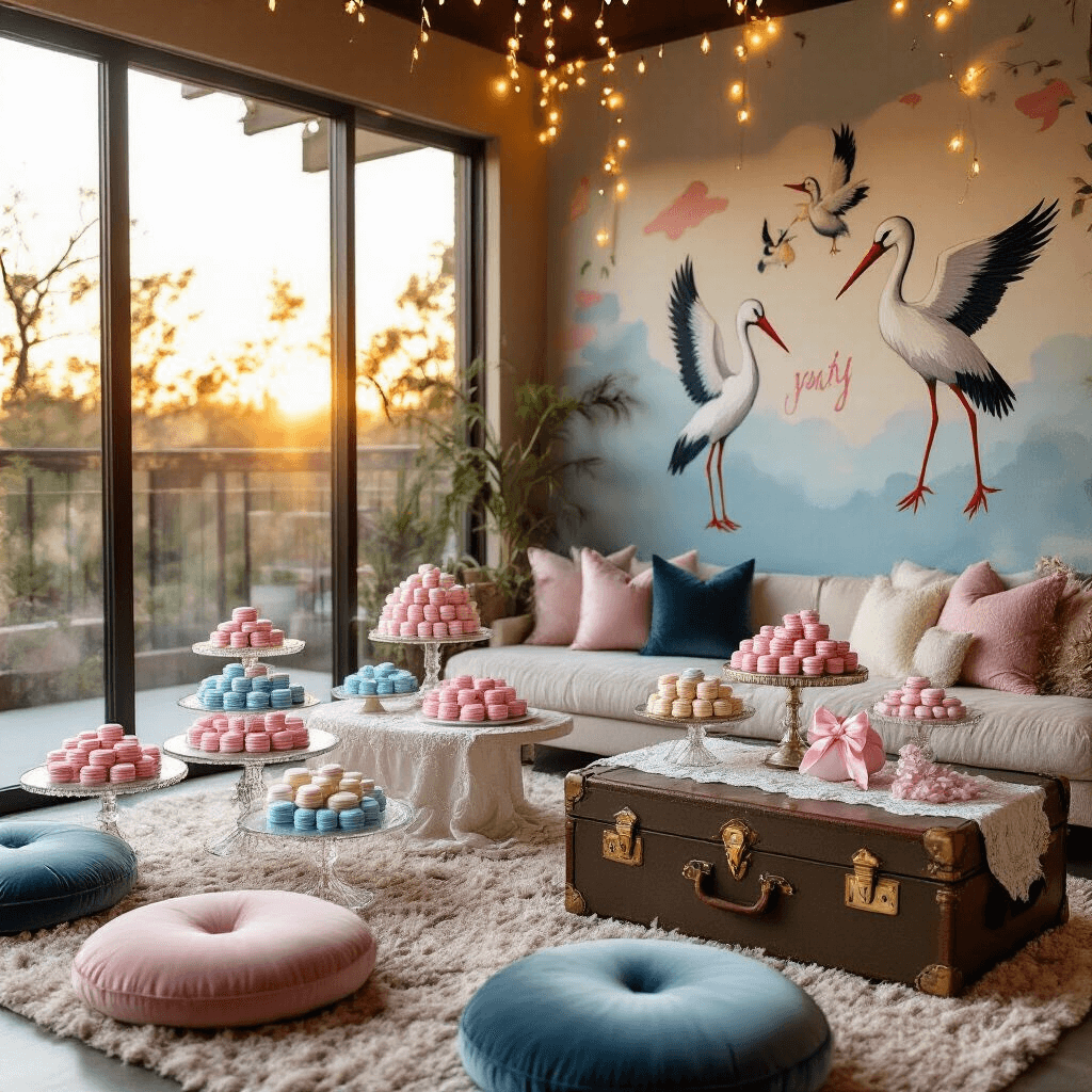 A cozy living room gender reveal party at golden hour, featuring floor-to-ceiling windows, low tables with ivory lace runners and pink and blue macarons, plush velvet floor cushions, a mural of storks carrying bundles, twinkling fairy lights, and a vintage trunk filled with gender-guessing props like mustaches and bows.