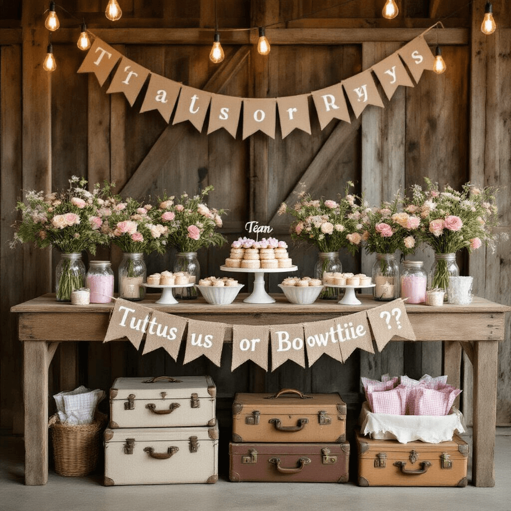 Rustic barn interior set up for a country-style gender reveal, featuring a dessert table adorned with mason jars of pastel wildflowers, a burlap banner reading 'Tutus or Bowties?', and handcrafted wooden signs for 'Team Pink' and 'Team Blue' voting. Vintage suitcases with gingham-wrapped party favors and soft Edison bulbs overhead create a warm ambiance.
