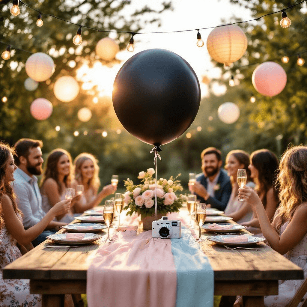 A sun-drenched backyard gender reveal party featuring a rustic wooden table with a blush pink and powder blue ombre runner, surrounded by guests holding champagne flutes. An oversized matte black balloon is the focal point, with fairy lights overhead and pastel decorations creating a whimsical atmosphere. A vintage Polaroid camera is ready to capture the moment.