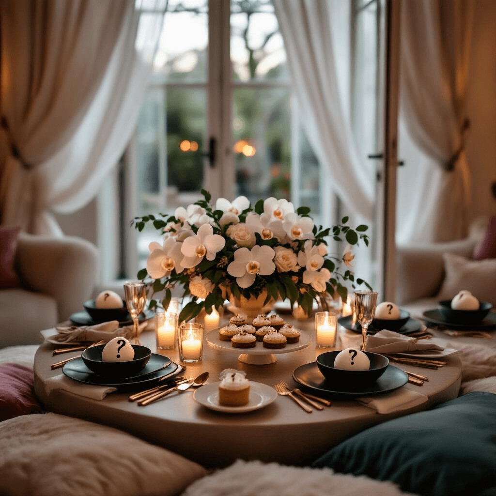 An intimate gender reveal dinner party setup in a cozy living room with soft candlelight, featuring a low table adorned with a stunning centerpiece of white orchids, rose gold cutlery, and modern matte black plates. Individual desserts topped with gold leaf '?' are displayed on a tiered cake stand, while sheer curtains billow from open French doors, with blurred guests in the background.