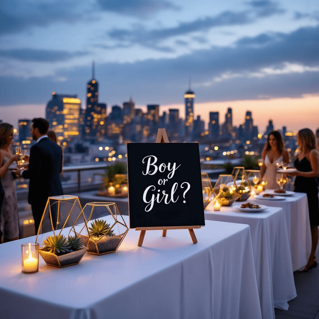 Chic rooftop terrace gender reveal party at twilight, featuring sleek high-top tables with white linens, geometric gold terrariums, and a backdrop of city lights. Guests in cocktail attire mingle, with a black chalkboard easel displaying 'Boy or Girl?' in elegant calligraphy, while servers offer champagne and hors d'oeuvres. Wide-angle view showcases the festive atmosphere and cityscape.