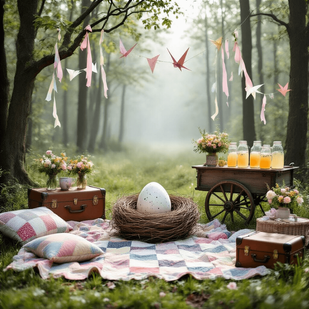 A whimsical forest glade set up for a gender reveal picnic, featuring patchwork quilts, vintage suitcases, a drink cart with wildflowers and lemonade, paper cranes and pastel ribbons hanging from tree branches, and a centerpiece of a large speckled egg in a twig nest, all in soft morning light.