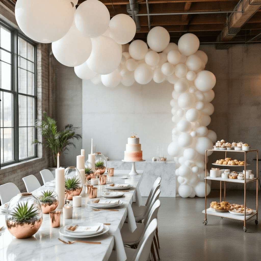 A modern, minimalist loft brunch set for a gender reveal, featuring long marble tables with white linens, copper accents, geometric terrariums, white candles, a dessert cart with pastries and an ombre cake, and a wall of helium-filled white balloons, one containing colored confetti, all presented in an airy, light-filled space.
