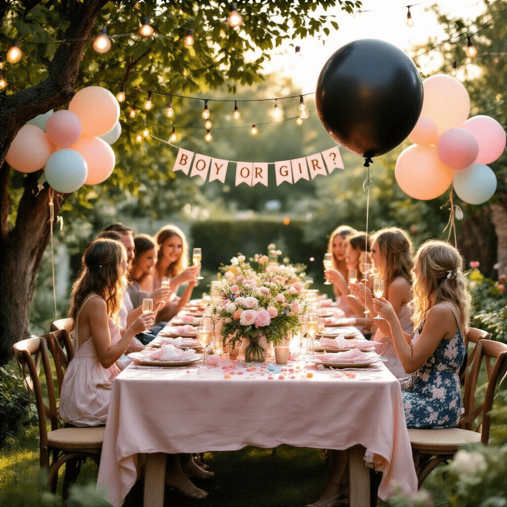 A sunlit backyard garden party featuring a long farmhouse table with blush pink linens and floral centerpieces, surrounded by guests with champagne flutes. In the foreground, a large black balloon filled with confetti awaits popping, while fairy lights twinkle overhead and pastel balloons frame the scene. A 'Boy or Girl?' banner hangs from a tree, gently swaying in the breeze.