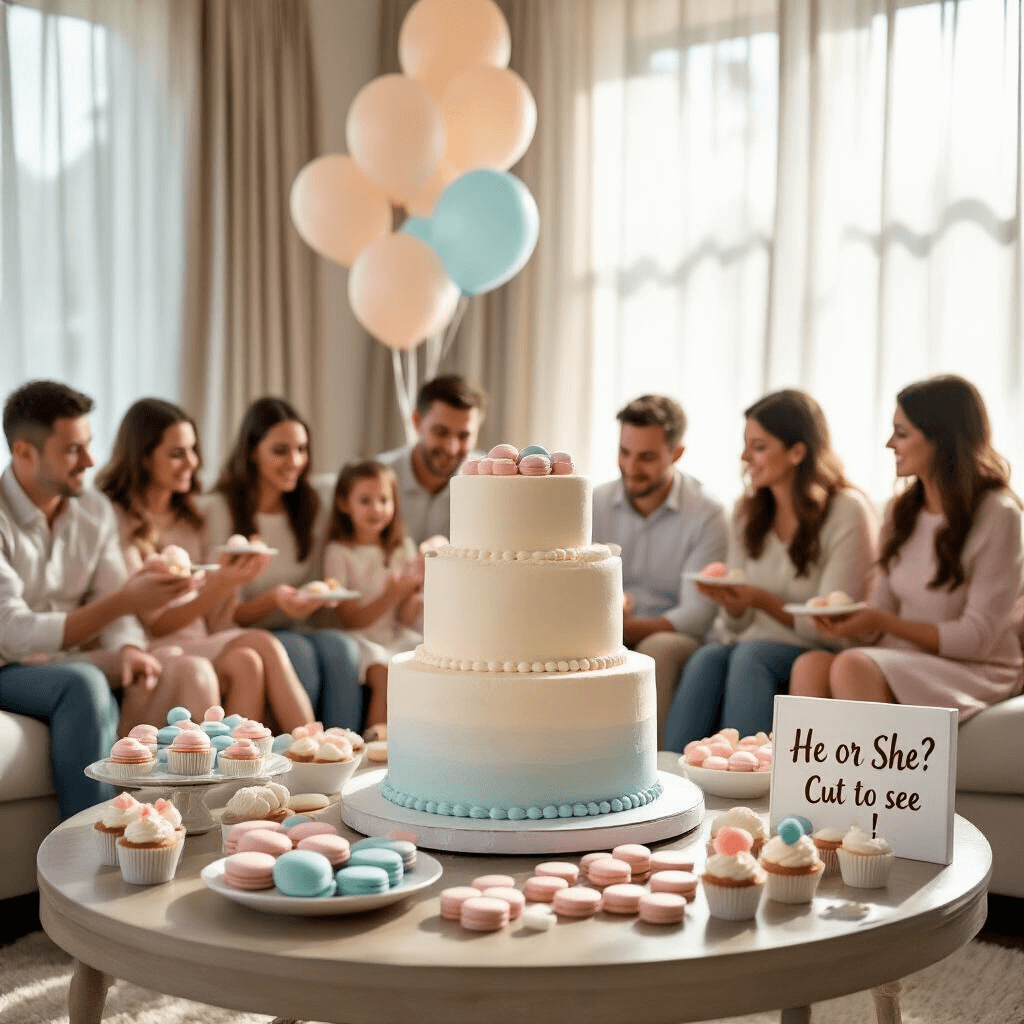 An intimate living room filled with soft morning light, featuring a central coffee table adorned with a two-tier white fondant cake surrounded by blush and powder blue macarons, cupcakes, and cake pops. Excited guests gather around, eagerly watching the expectant parents prepare to cut the cake, which promises a colorful surprise inside, while neutral-toned balloons float above and a 'He or She? Cut to see!' sign is prominently displayed.