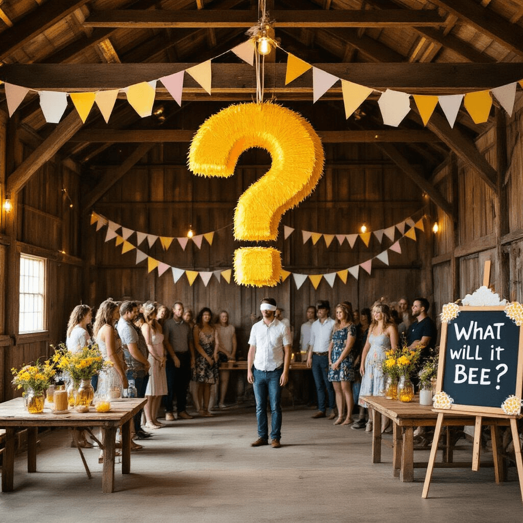 A whimsical party scene inside a rustic barn, featuring warm lighting, a question mark piñata hanging from wooden beams, excited guests in a circle, and vintage bunting. Mismatched wooden tables with mason jars of wildflowers and a chalkboard easel displaying “What will it bee?” decorated with honeycomb paper shapes.