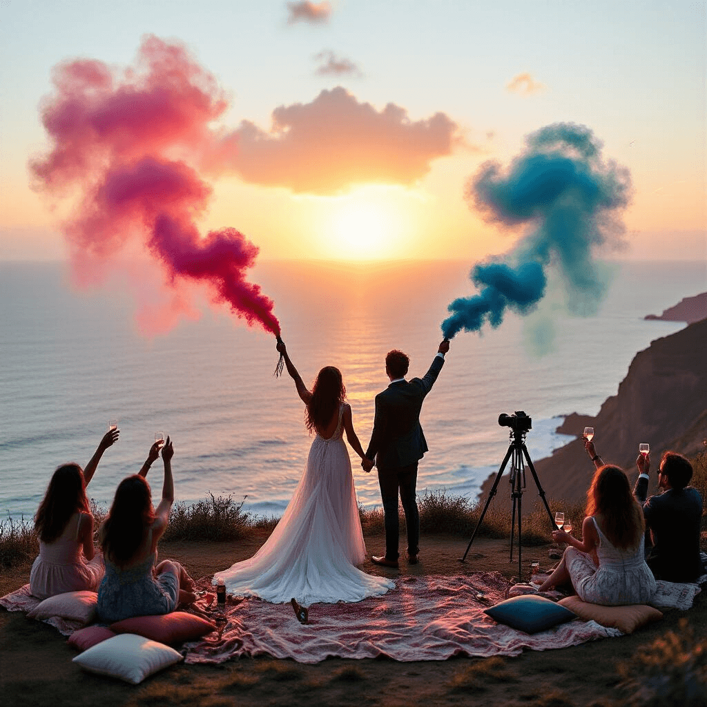 A couple silhouetted against a golden sunset on a clifftop, activating pink and blue smoke bombs, with joyful guests celebrating below; adorned with boho-chic decor and vintage camera setup.
