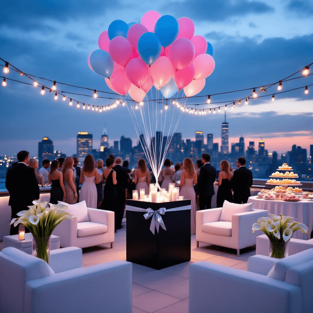 Upscale rooftop terrace party at twilight with sleek white lounge furniture, a large black box tied with a silver bow in the center, guests in cocktail attire, helium balloons in pink and blue, elegant calla lilies in vases, floating candles, a dessert table with color-coordinated treats, and string lights creating a magical atmosphere.