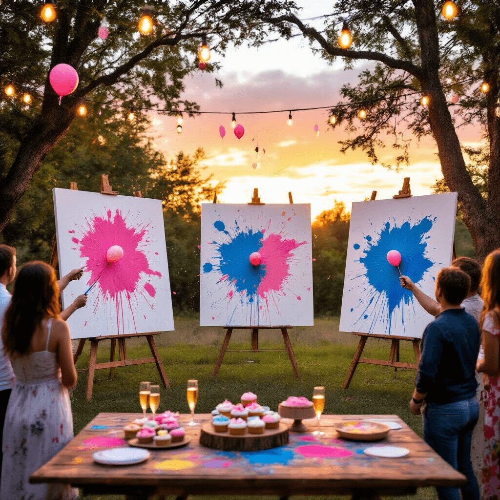 A golden hour gender reveal party features guests ready to pop paint-filled balloons at white canvases, creating a vibrant splatter art scene. Fairy lights illuminate the outdoor setting, while a table of paint-splattered cupcakes and champagne flutes adds to the festive atmosphere.