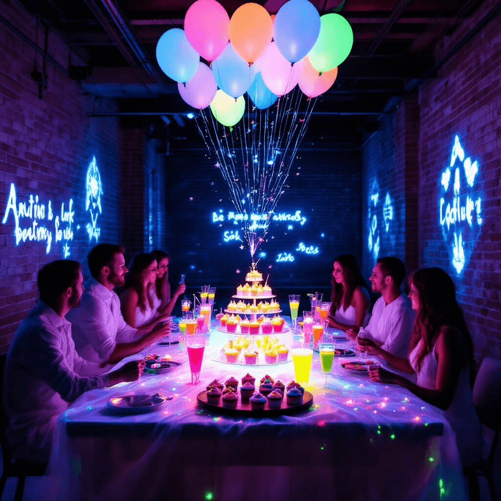 An overhead view of a glow-in-the-dark gender reveal party in a modern loft, showcasing illuminated messages on exposed brick walls, guests in white with glowing accessories, a central table with glow-stick cocktails and neon cupcakes, and hovering glowing balloons ready to release confetti.