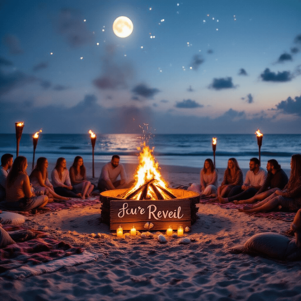 A dramatic moonlit beach setting features a roaring bonfire surrounded by expectant parents ready to reveal their baby's gender with color-changing powder, while guests gather on blankets under the warm glow of tiki torches and hurricane lanterns. A driftwood sign adorned with seashells and fairy lights announces the reveal, capturing the excitement of the moment against a backdrop of a starry sky and gentle waves.