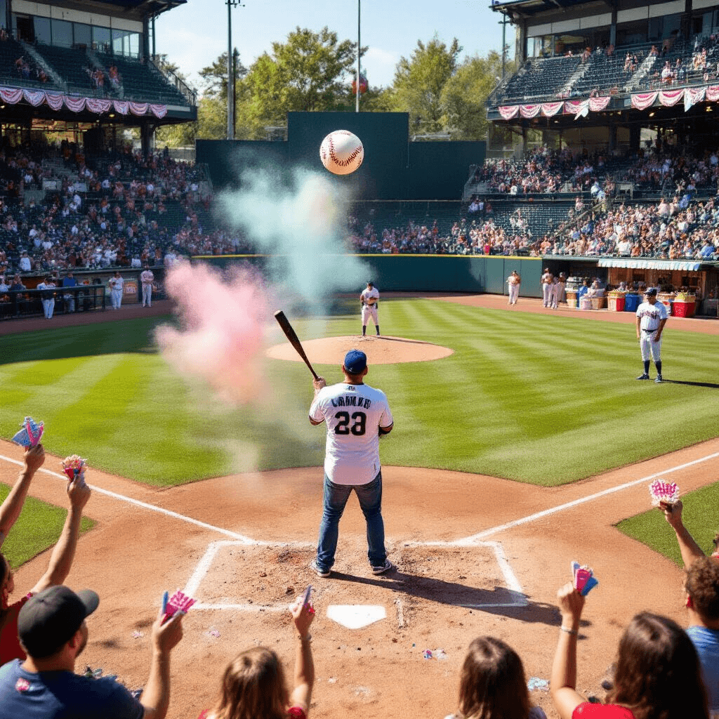 A vibrant gender reveal scene on a baseball field: an expectant father in a team jersey stands ready at home plate, poised to hit a custom baseball filled with colored powder, while excited guests in team colors cheer from the bleachers. A drone captures the festive atmosphere, complete with a decorated concession stand featuring pink and blue popcorn and bunting along the fences.