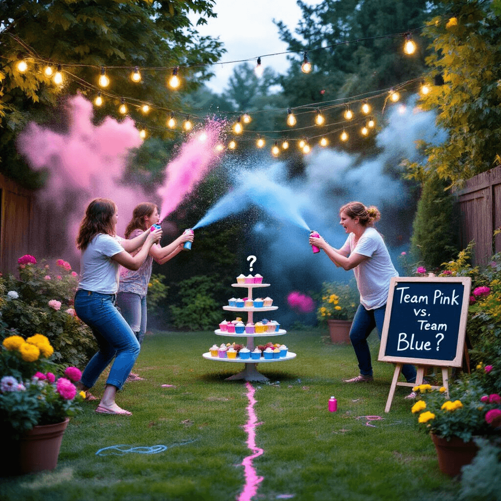 A whimsical gender reveal paint and silly string battle in a lush backyard garden at twilight, with teams facing off along a chalk line, colorful sprays flying, string lights overhead, a cake stand with question mark cupcakes, and a chalkboard scoreboard for Team Pink vs. Team Blue amidst vibrant flowers.
