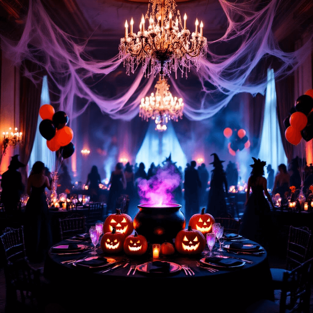 A dimly lit ballroom decorated for a Halloween gender reveal with cobweb-draped chandeliers, round tables in black silk, eerie pink or blue glowing pumpkins, a grand witch's cauldron emitting colored smoke, guests in elaborate costumes, floating candles, and orange and black balloons.