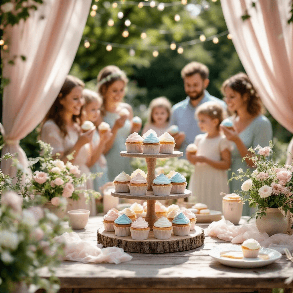 A sunlit garden party with a rustic wooden table displaying pastel cupcakes, while guests celebrate a whimsical gender reveal, showing joy and surprise as they discover pink or blue centers. Soft tulle and floral arrangements adorn the scene, with twinkling fairy lights above.