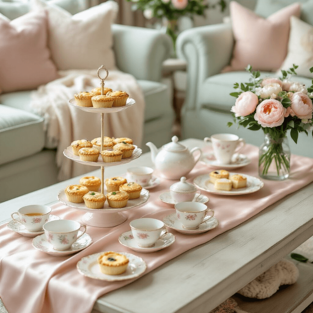 Flat lay of a cozy living room baby shower brunch featuring a blush pink silk runner on a coffee table, delicate teacups and saucers, a tiered stand with quiches, finger sandwiches, and pastel cupcakes, plush cushions, soft throws, and fresh peonies in crystal vases, all in a soothing color palette of blush, cream, and sage green.