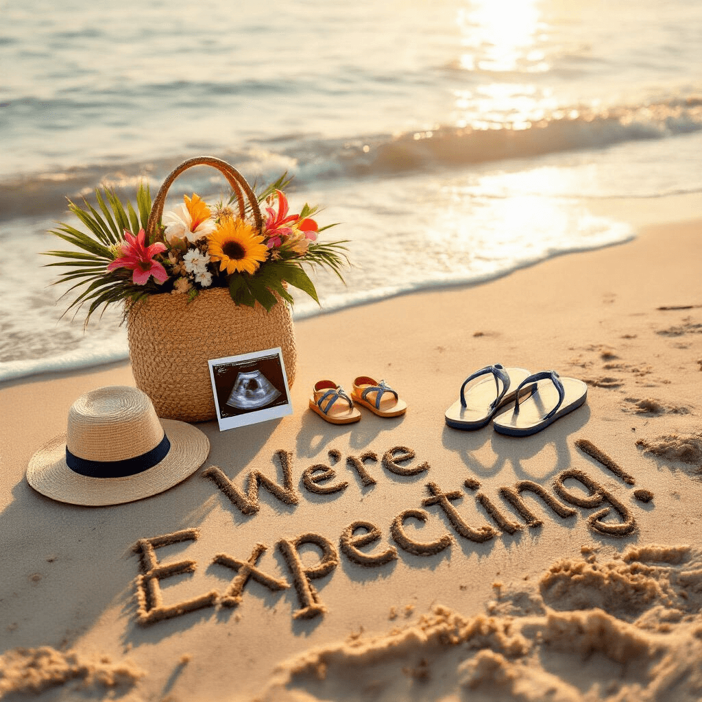 A serene beachfront at golden hour featuring the text 'We're Expecting!' written in sand, accompanied by adult flip-flops and tiny baby sandals, a woven beach bag with a sun hat, ultrasound photos, and tropical flowers, all bathed in warm golden light.