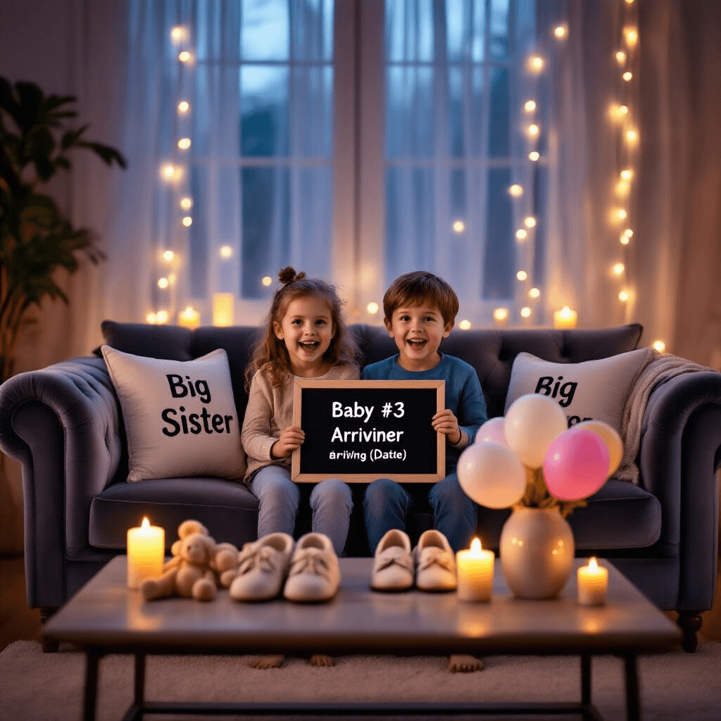 A cozy living room at twilight featuring a plush velvet sofa with 'Big Sister' and 'Big Brother' pillows, where two excited children hold a letterboard announcing 'Baby #3 arriving [date]'. The scene is illuminated by string lights and candles, with a coffee table displaying baby shoes, stuffed animals, and pastel balloons, creating a warm, inviting atmosphere filled with family love and anticipation.