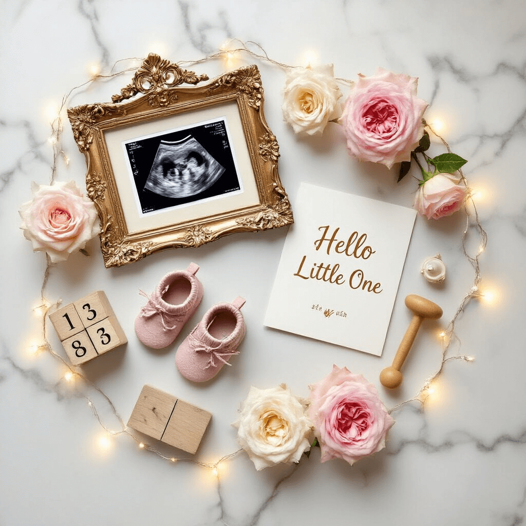 A beautifully arranged flat lay on a marble countertop featuring a pregnancy announcement, including an ultrasound photo in an ornate gold frame, pink and white roses, baby booties, a vintage rattle, and a 'Hello Little One' card, complemented by a custom wooden calendar block showing the due date and fairy lights for a magical ambiance.