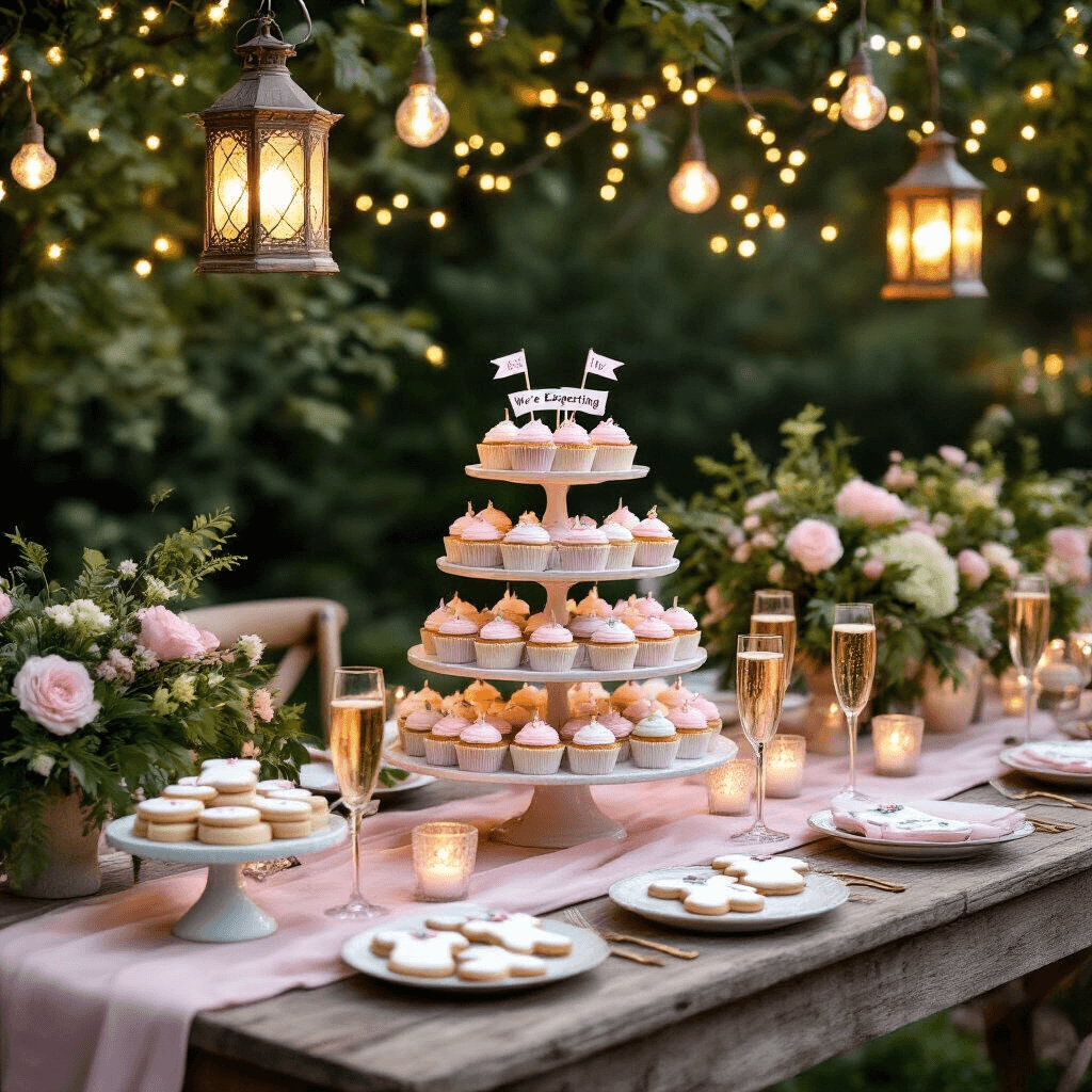 A whimsical outdoor garden party at dusk, featuring a rustic table with a blush pink runner, elegant place settings, and a tiered display of pastel cupcakes topped with flags reading 'We're Expecting!'. Champagne flutes with sparkling cider and baby onesie-shaped cookies on vintage stands are also visible, surrounded by lush greenery and floral arrangements.