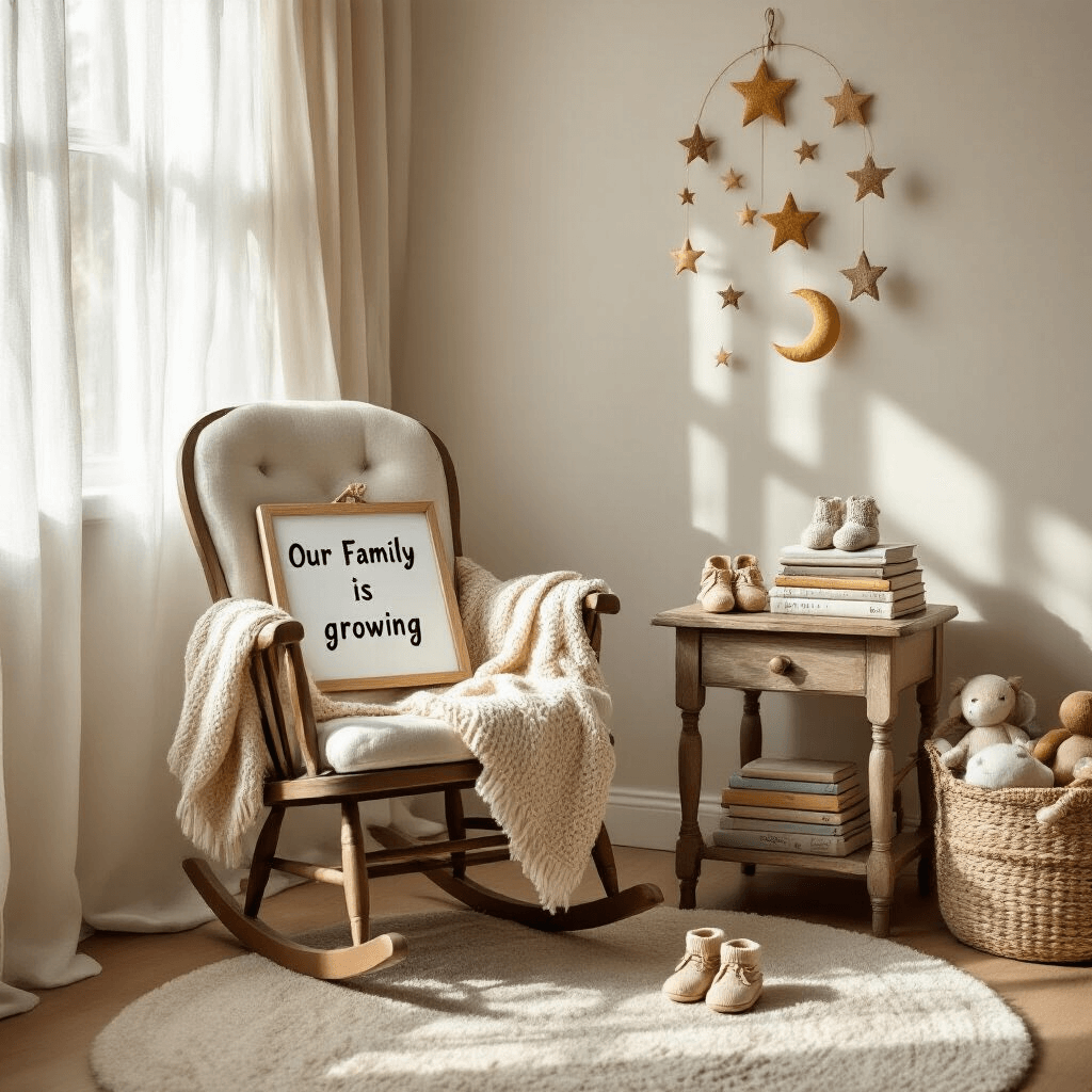 A cozy nursery corner with soft morning light, featuring a vintage rocking chair with a letterboard reading 'Our Family is Growing', a warm knit blanket, a rustic side table with classic children's books and tiny knitted booties, a whimsical star and moon mobile above, a plush rug, and a woven basket of stuffed animals.