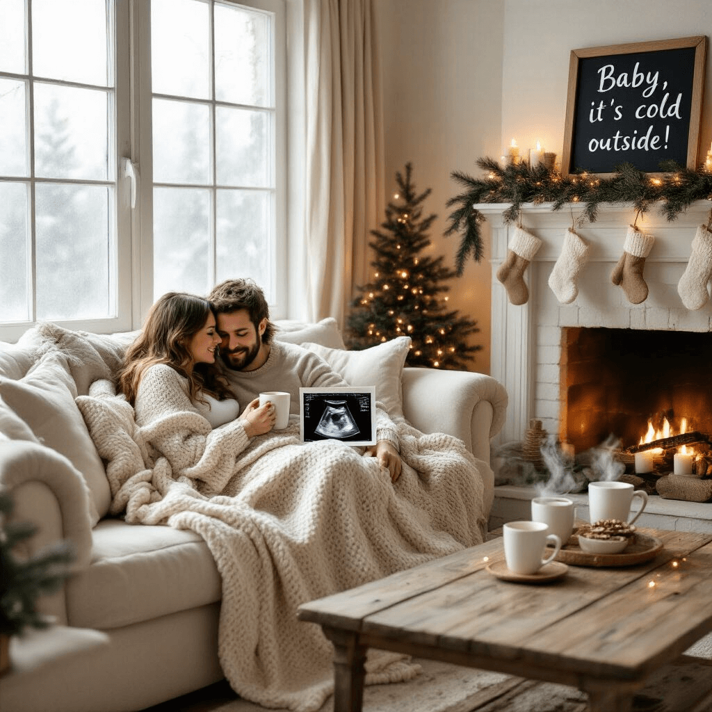 A cozy living room with soft morning light, featuring a pregnant couple snuggled on a cream sofa under a chunky knit blanket, with a rustic coffee table displaying steaming mugs of hot chocolate and a sonogram picture. Twinkling fairy lights and pine garlands adorn the fireplace, decorated with baby booties and a chalkboard sign reading 'Baby, it's cold outside!'. The room's warm color palette includes soft whites, neutrals, and touches of evergreen.