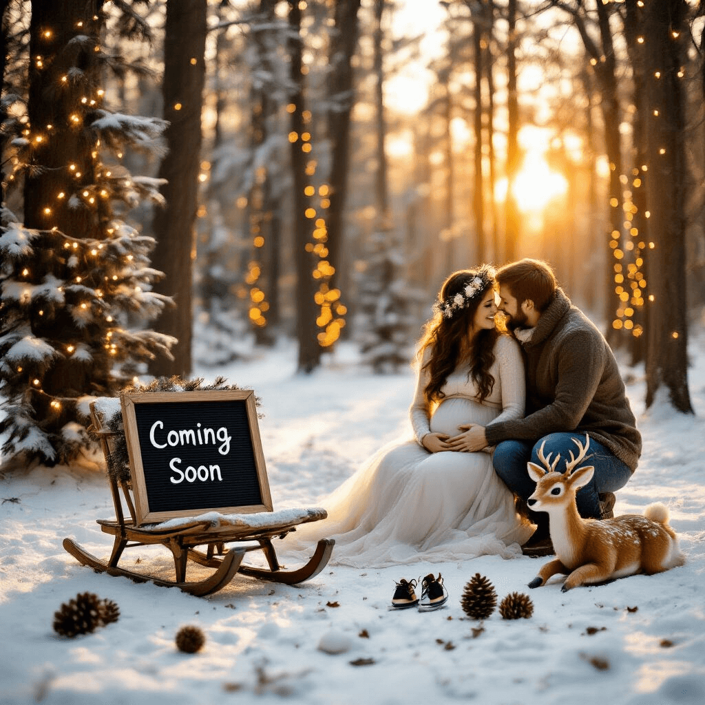 Intimate winter announcement scene featuring expectant parents in a snow-dusted forest clearing at golden hour, with a vintage sled displaying a 'Coming Soon' letter board, twinkling lights on pine trees, and whimsical props like pinecones and tiny ice skates.
