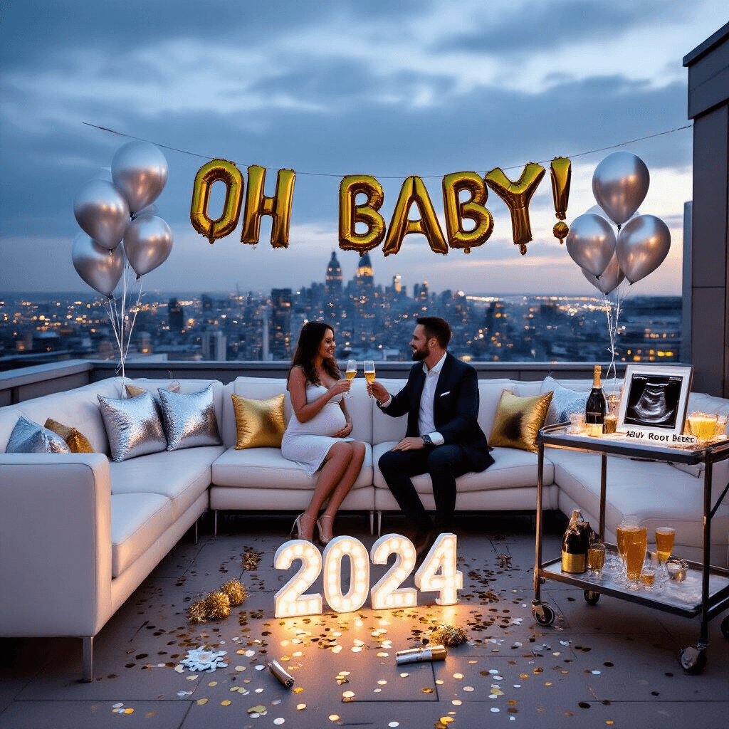 A stylish rooftop terrace transformed for a New Year's-themed pregnancy reveal, featuring low white leather sofas with silver and gold pillows, a bar cart with 'Mom-osa' and 'Dad-dy's Root Beer,' a framed ultrasound, metallic 'Oh Baby!' balloons, and a couple toasting with champagne flutes, amidst confetti and a '2024' ice sculpture overlooking a twilight cityscape.