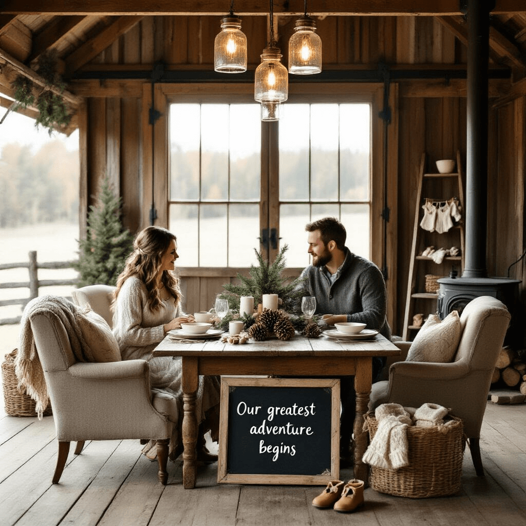 A cozy barn interior featuring a reclaimed wood table set with vintage china and pinecone place card holders, illuminated by soft light. A pregnant couple relaxes in mismatched armchairs by a pot-bellied stove, with a hand-knit baby blanket on the mother's lap. Above, mason jar chandeliers provide warm lighting, while a weathered ladder displays tiny knit garments. An antique sled in the foreground holds a chalkboard reading 'Our greatest adventure begins.'