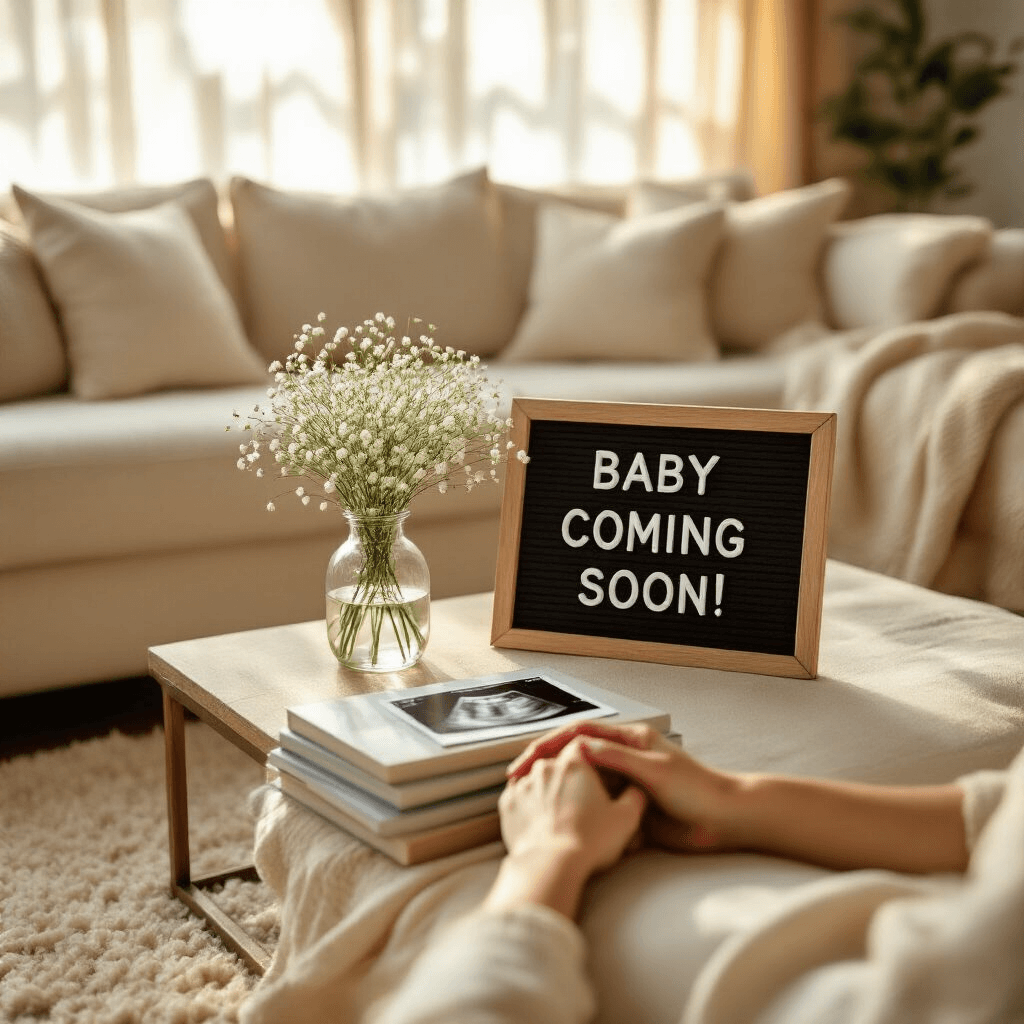 A sunlit living room featuring a cream linen sofa and a vintage letter board saying 'Baby Coming Soon!'. A vase with baby's breath flowers sits on a coffee table near a beige area rug. Expectant parents' hands rest on parenting books, with a soft focus ultrasound photo visible.