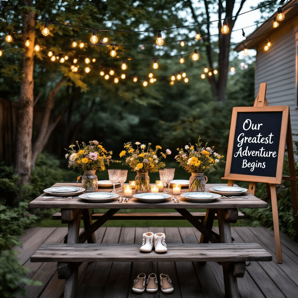 An intimate twilight backyard scene with string lights overhead, a rustic wooden picnic table set with mismatched vintage china and crystal stemware, a chalkboard easel reading 'Our Greatest Adventure Begins,' mason jars with wildflowers and floating candles as centerpieces, and a pair of adult shoes beside tiny baby booties on weathered deck boards.