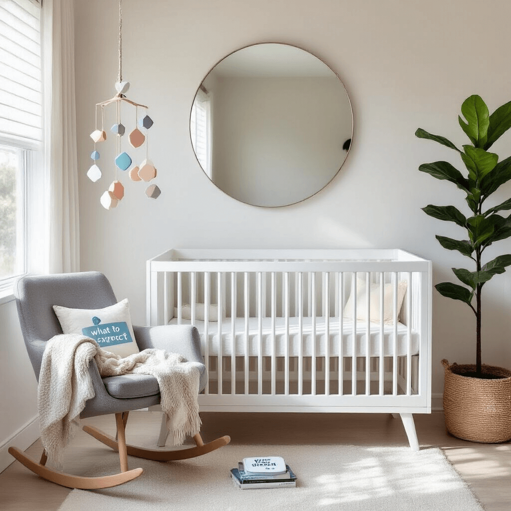 A minimalist nursery corner featuring a sleek white crib with a pastel geometric mobile, a round mirror on the wall, a plush grey rocking chair with a knit blanket and pregnancy test on a book, and a tall fiddle leaf fig plant beside the crib, all bathed in soft morning light.